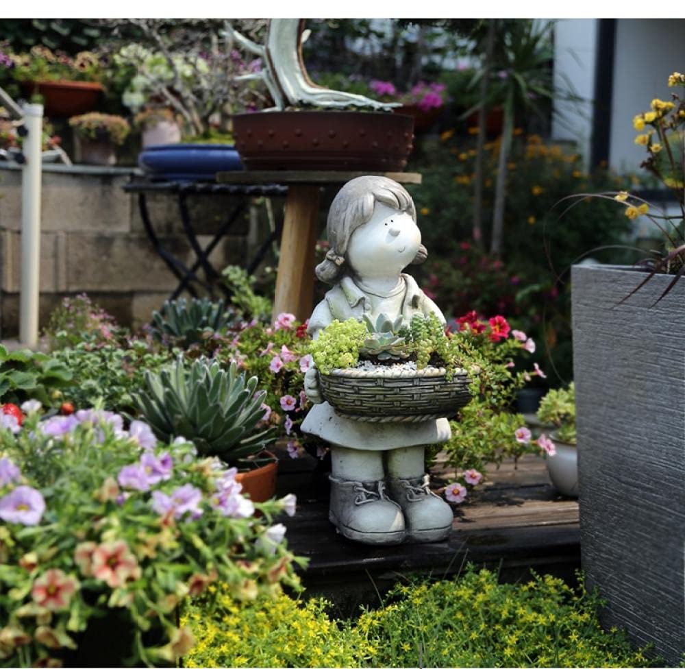 Sculpture extérieure en ciment de qualité artisanale avec pot de fleurs fille