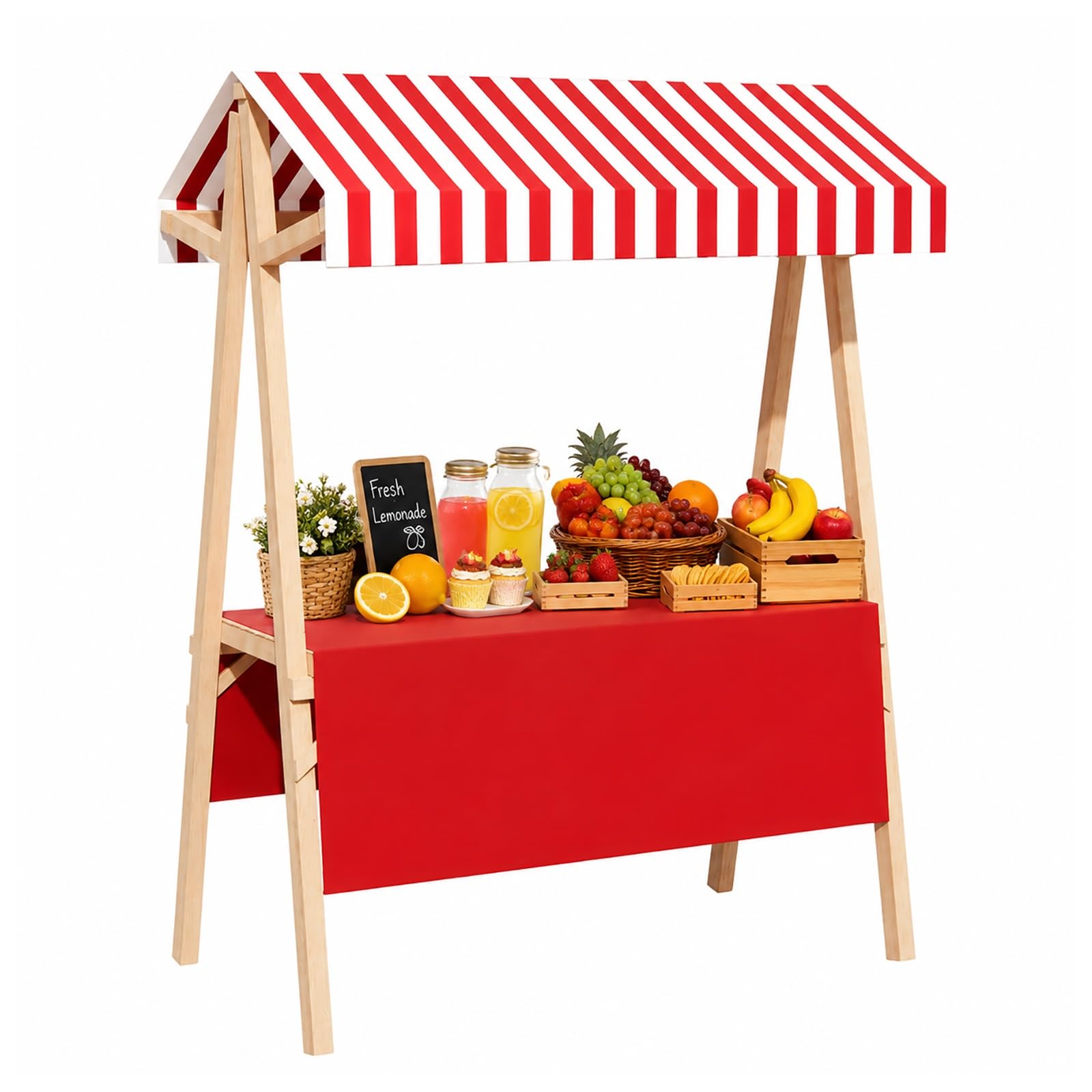 WYHBXD Foldable Wooden Lemonade Stand Portable Vendor Booth Market Stall with Canopy for Kids Pretend Play & Farmers Markets(Red)
