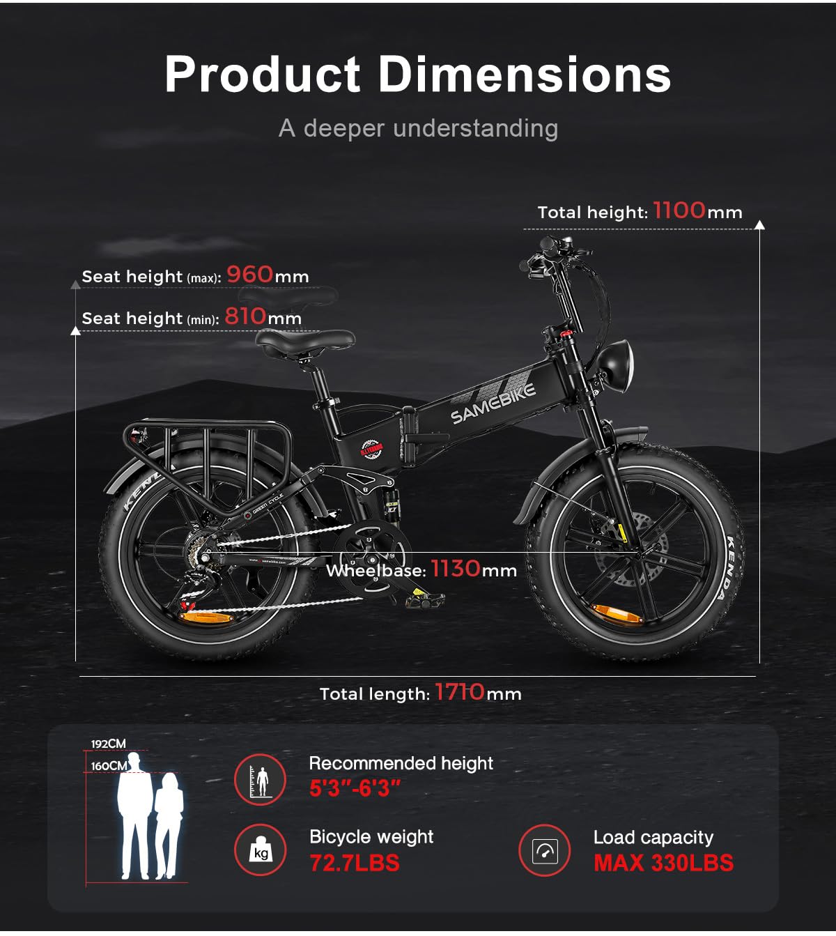 SAMEBIKE Fat Tire Bicicletta Elettrica per Adulti 20"×4.0",Pieghevole Bici Elettrica,Mountain Beach Snow Ebike Adulto,Batteria Rimovibile 48V17AH,Bici Elettriche per 7 Velocità