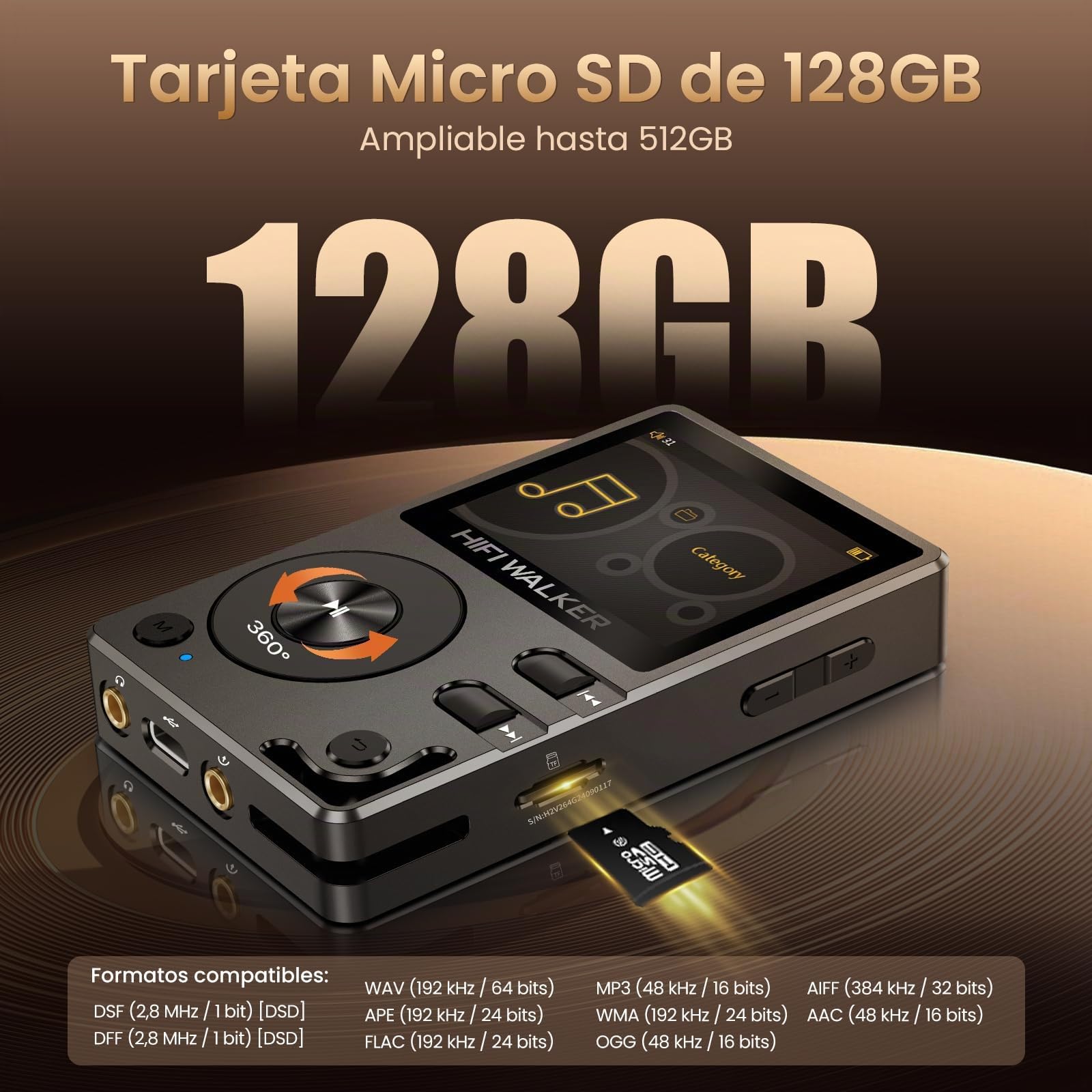 HIFI Walker H2 128 GB MP3-Player Bluetooth 5.2 DSD DAC Hi-Res FLAC Reproductor de música sin pérdidas 128 GB Tarjeta SD 512 GB Ampliable Regulador ALPS Robusta Carcasa de Zinc