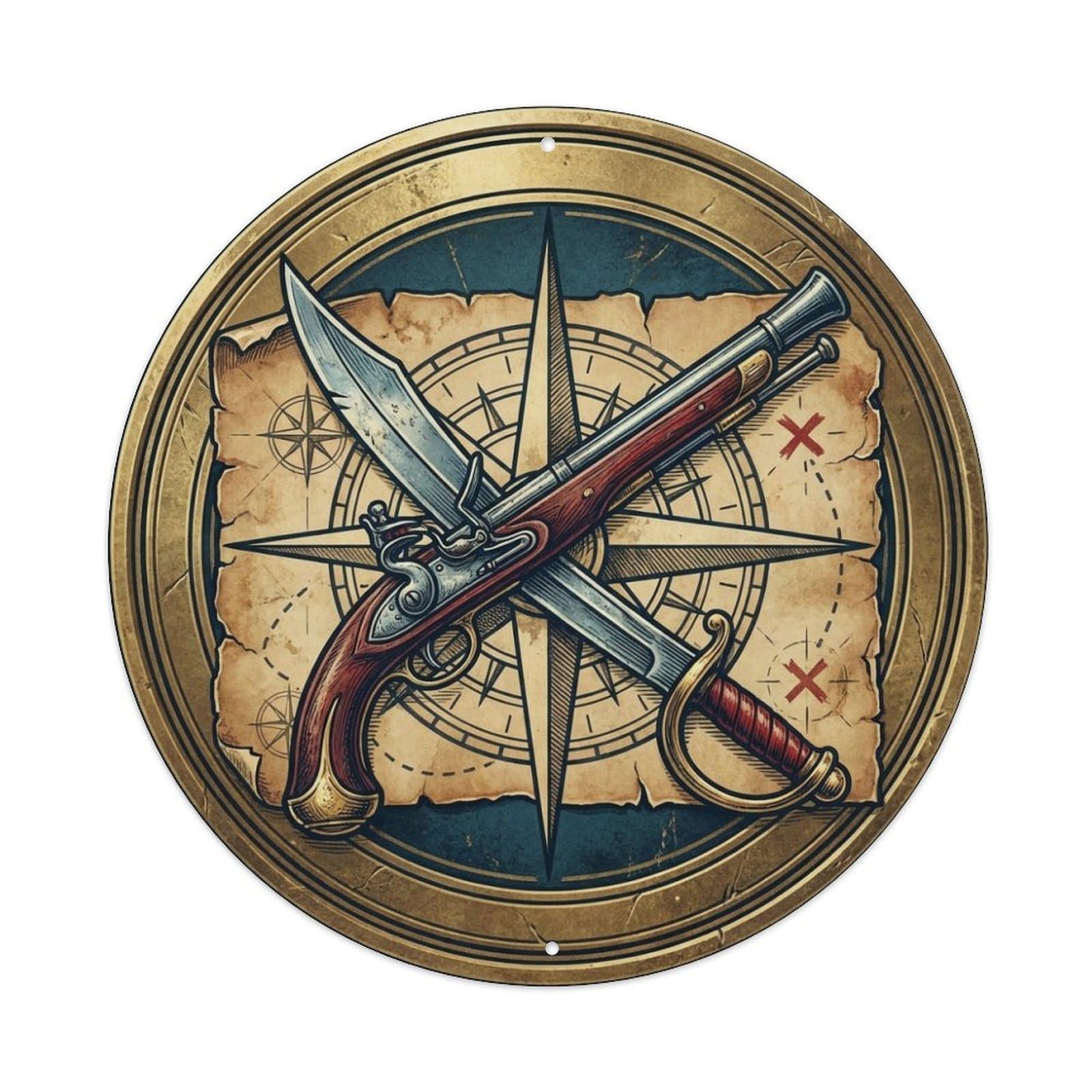 Pirate Saber Flintlock Compass Old Map Buccaneer Metal Tin Sign