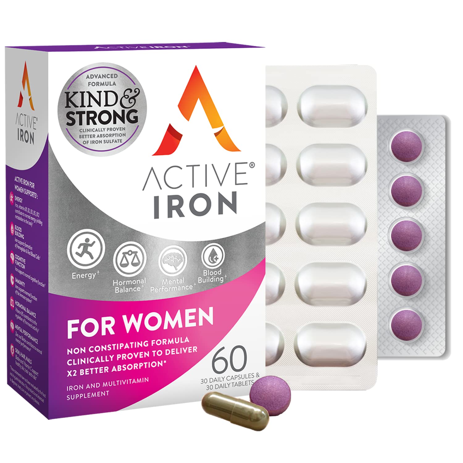 Active Iron Women with Active Multivitamin Supplement 17 mg, High Strength B Vitamins, Non-Constipating, 30 Iron Capsules & 30 Active Multivitamins, 1 Month Supply