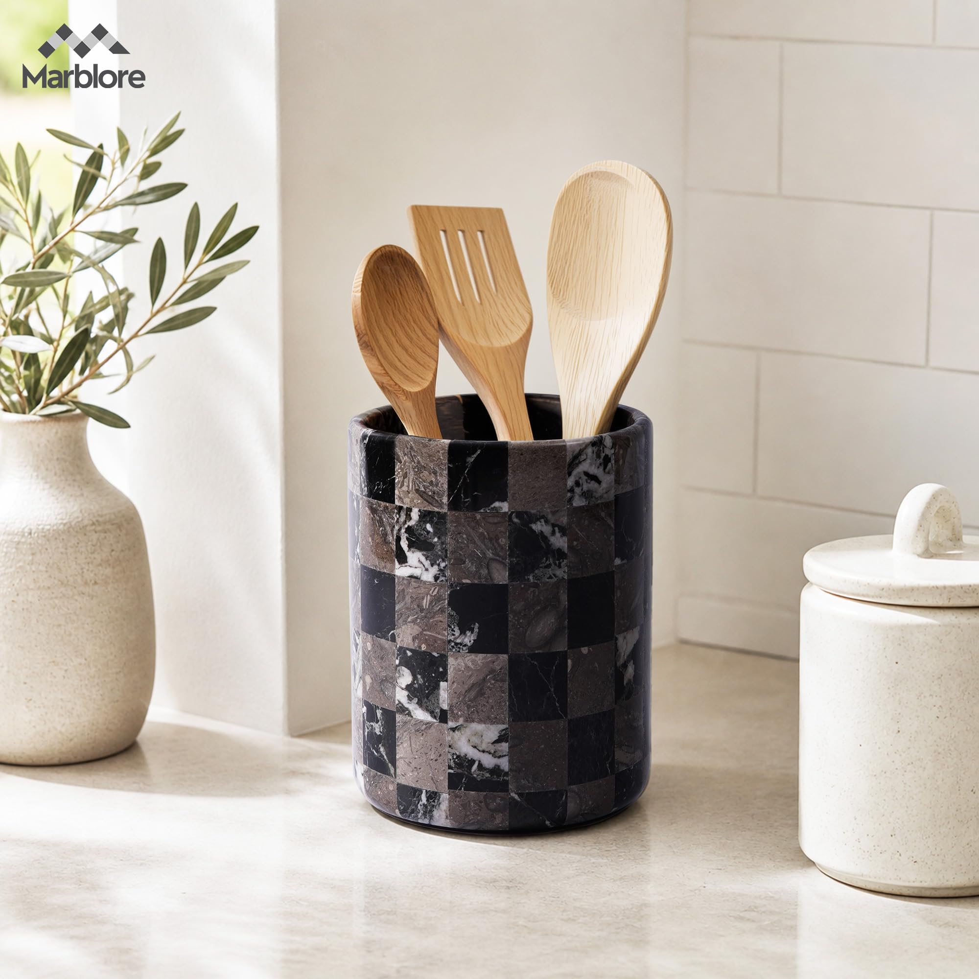 Utensilienhalter aus Marmor, 16,5 cm, Schwarz und Ozeanisch