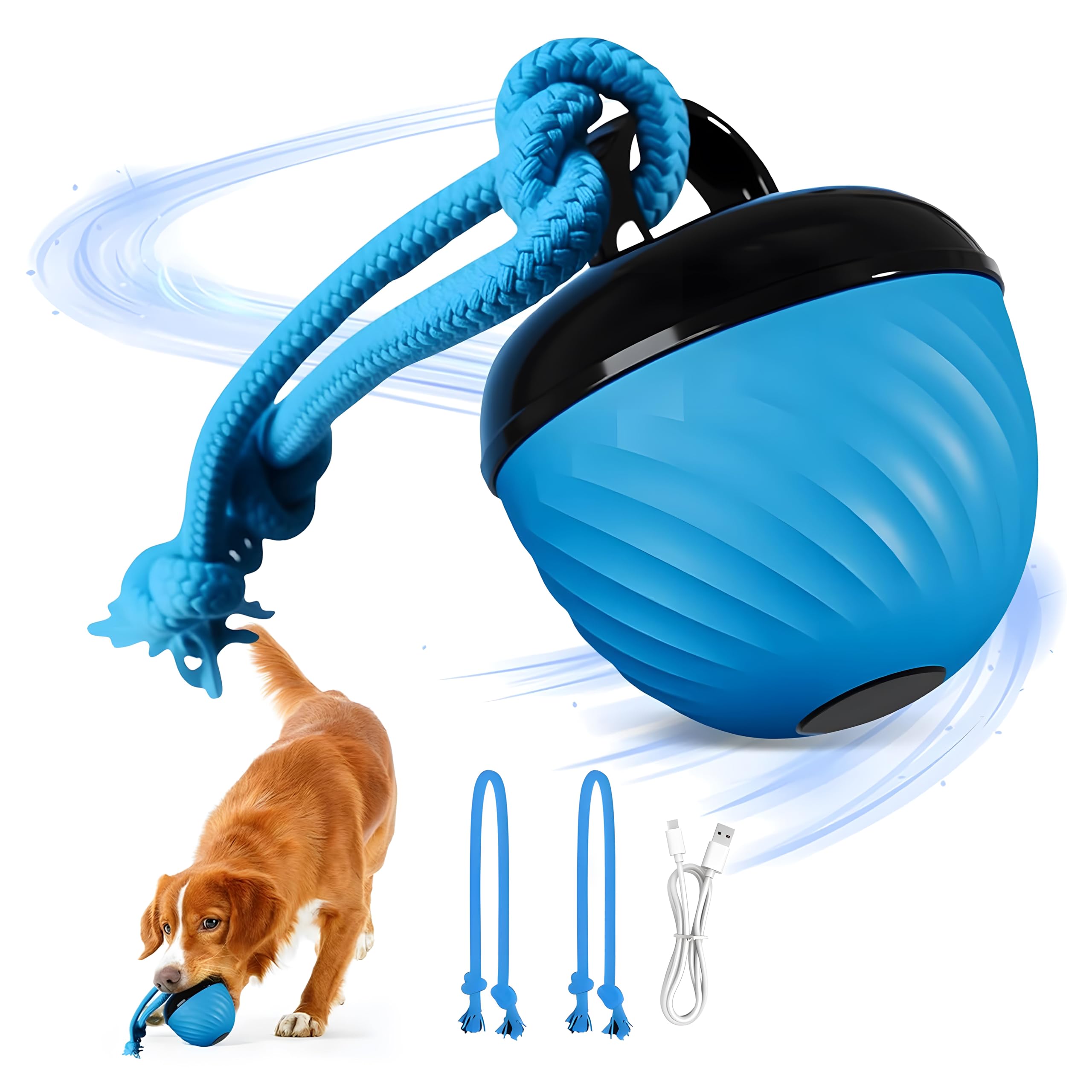 Kenmohuo Interactive Dog Toys Ball, 2026 Smart Pet Puppy Ball with Ropes, Touch Activated Bouncing Jumping Dog Balls, to Keep Them Busy (3 Ropes, Blue)