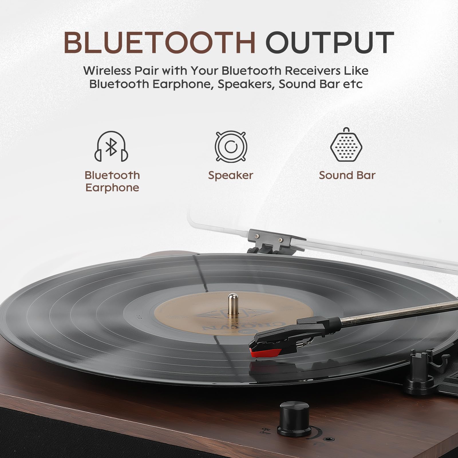 Plattenspieler, Bluetooth-Eingangs- und Ausgangs-Plattenspieler mit eingebauten Lautsprechern, FM-Radio, Vinyl-MP3-Aufnahme, USB- und SD-Wiedergabe, LED-Bildschirm, Walnuss