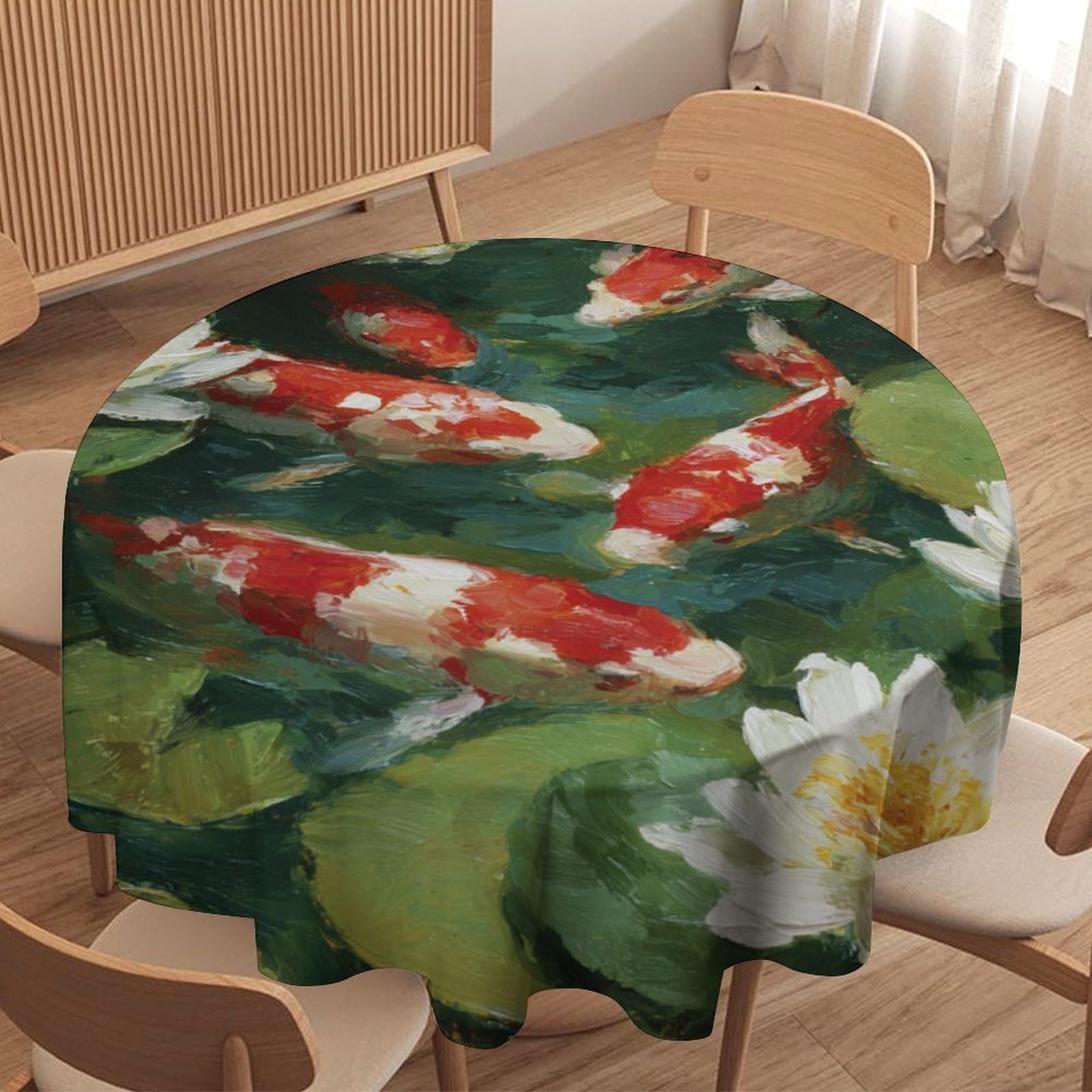 LUYYSKY Classic Aesthetic Japanese Fish Round Tablecloth Vintage Asian Botanical Plant Lotus Flowers Leaves Animal Fish Washable Decor for Table Cover for Kitchen-152.4" Wx152.4 L cm