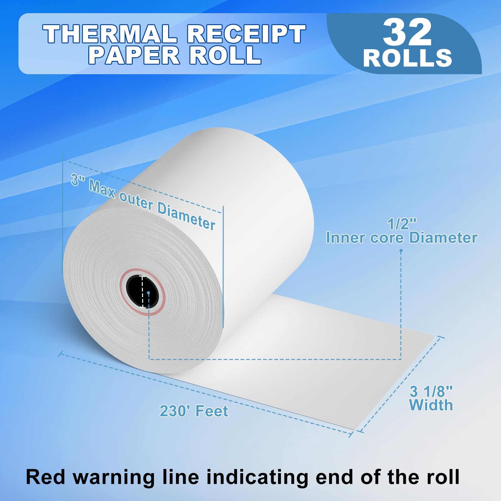 32 rollos de papel térmico de 3 1/8 x 230 pies, papel para caja registradora de recibos de 80 mm, compatible con impresora de terminal cuadrada POS de tarjetas de crédito, compatible con Star