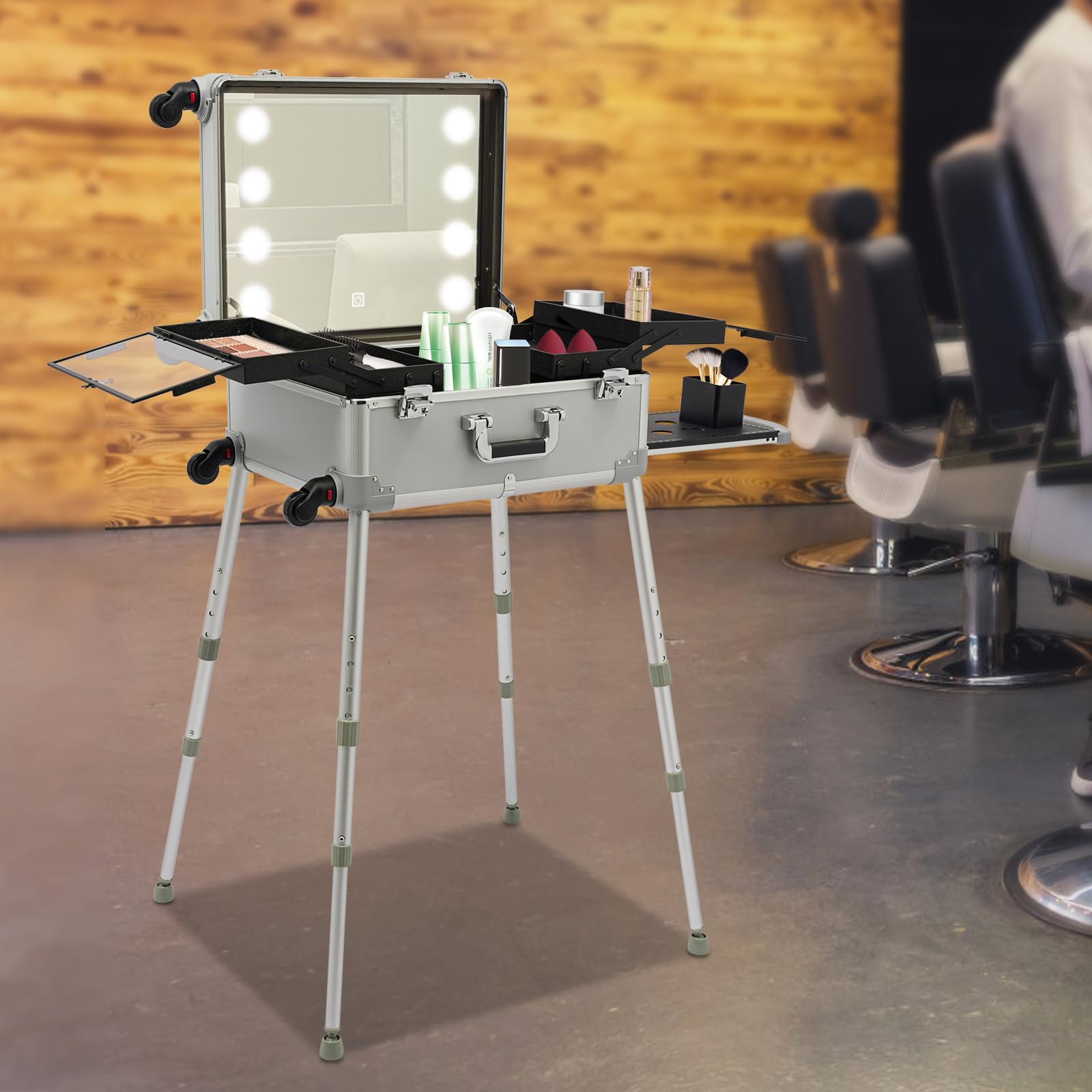 Profesjonalna kuferek na kosmetyki z lustrem LED i przyłączem do prądu, walizka na kółkach, 55 cm, lustro, 8 diod LED, regulacja wysokości 39-85 cm, 4 przegródki + gniazdko elektryczne dla fryzjerów i