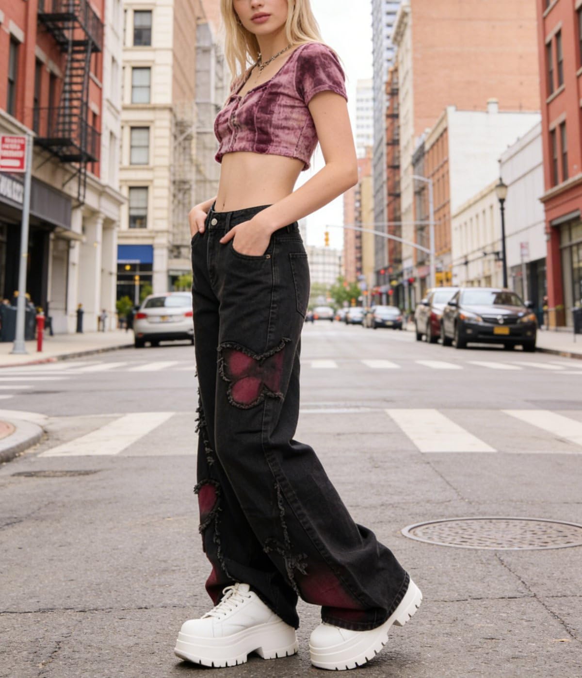 Women’s Y2K Baggy Wide Leg Jeans High Waisted Distressed Patchwork Denim Pants Loose Fit Streetwear