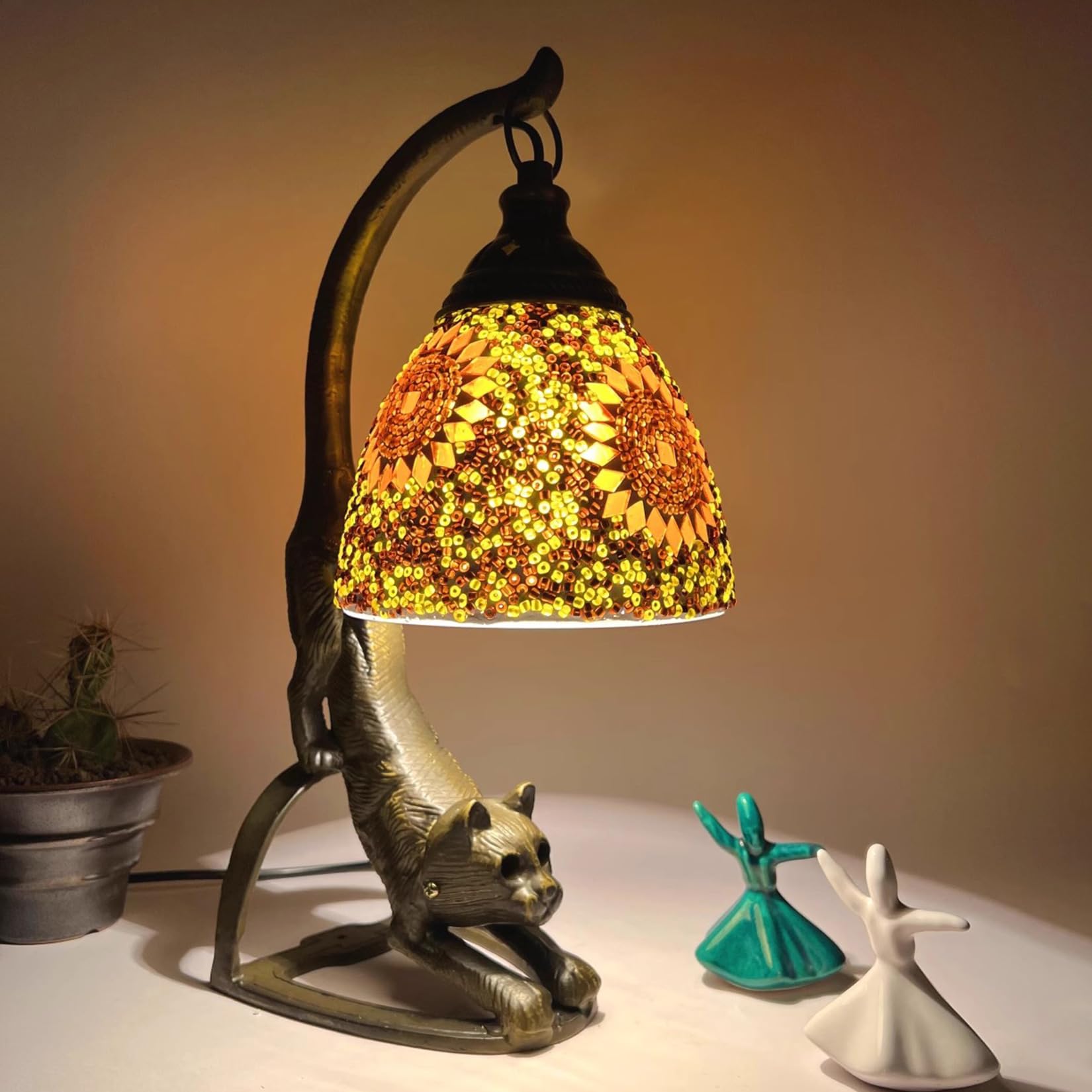 errzom Turkish Moroccan Lamp with Cat Base Handmade Tiffany Mosaic