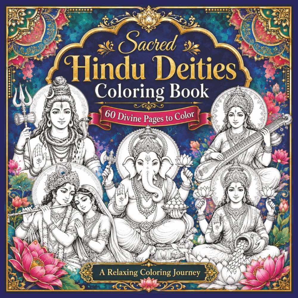 Sacred Hindu Deities Coloring Book Volume 2: 60 Divine Pages to Color with Hindu Gods, Goddesses, Lotus Flowers, and Mandala Art (Saffron Sky Coloring Collection)