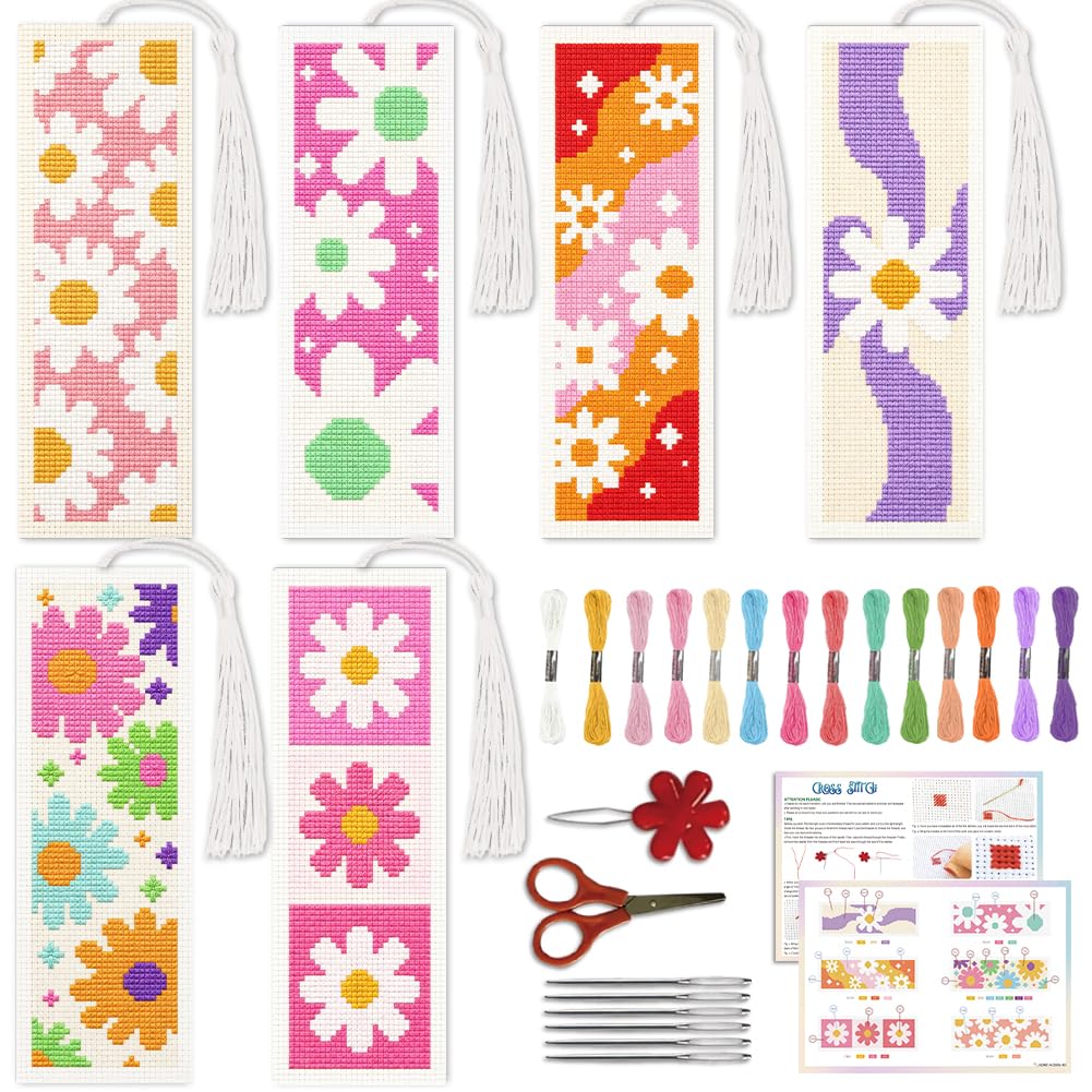 ACRNIGHEET 6PCS Cross Stitch Bookmark Kit for Beginner(Daisy)