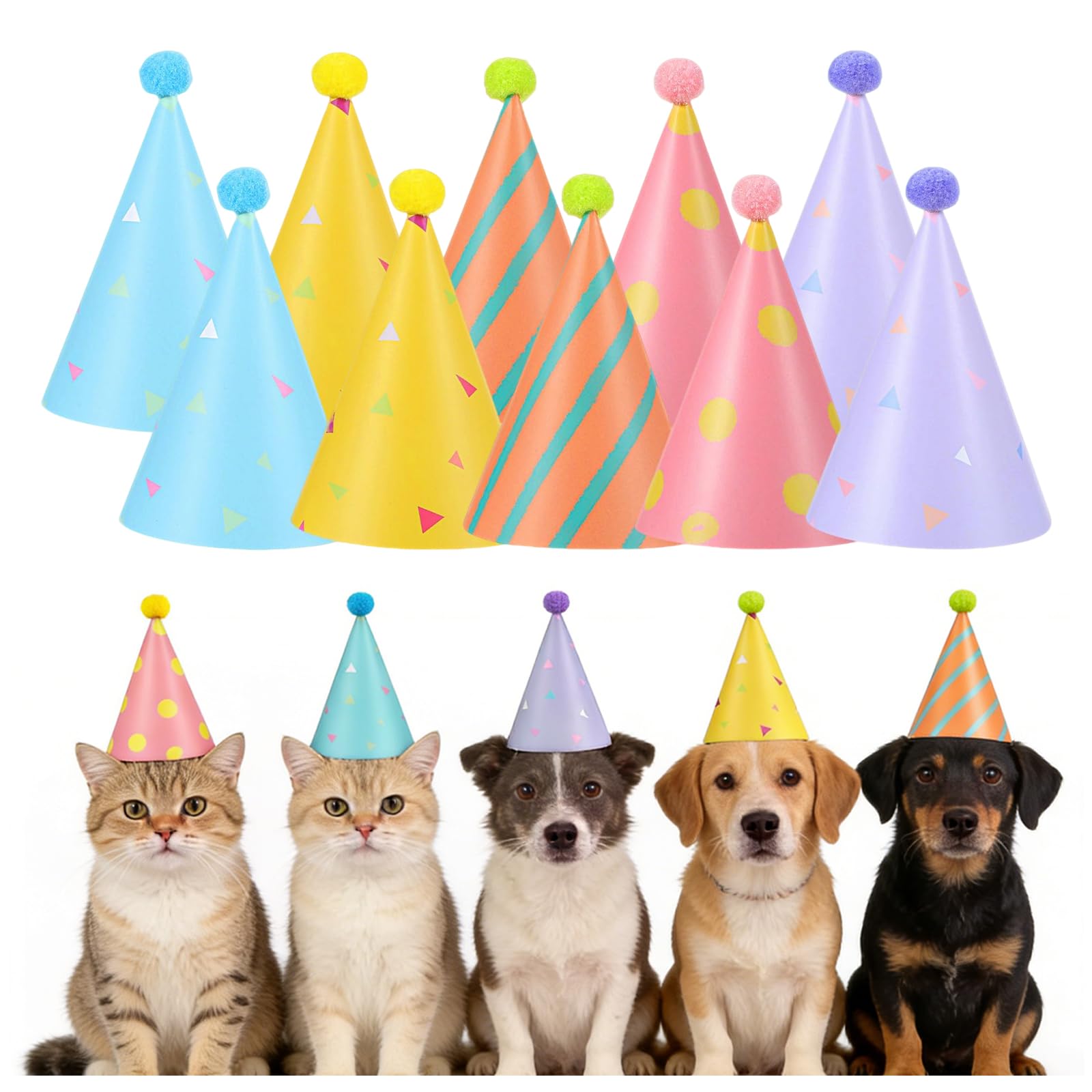 Nymora 10 Pack Mini Party Hats for Small Dogs & Cats - Adjustable Pet Birthday Hats for Celebrations & Photo Props