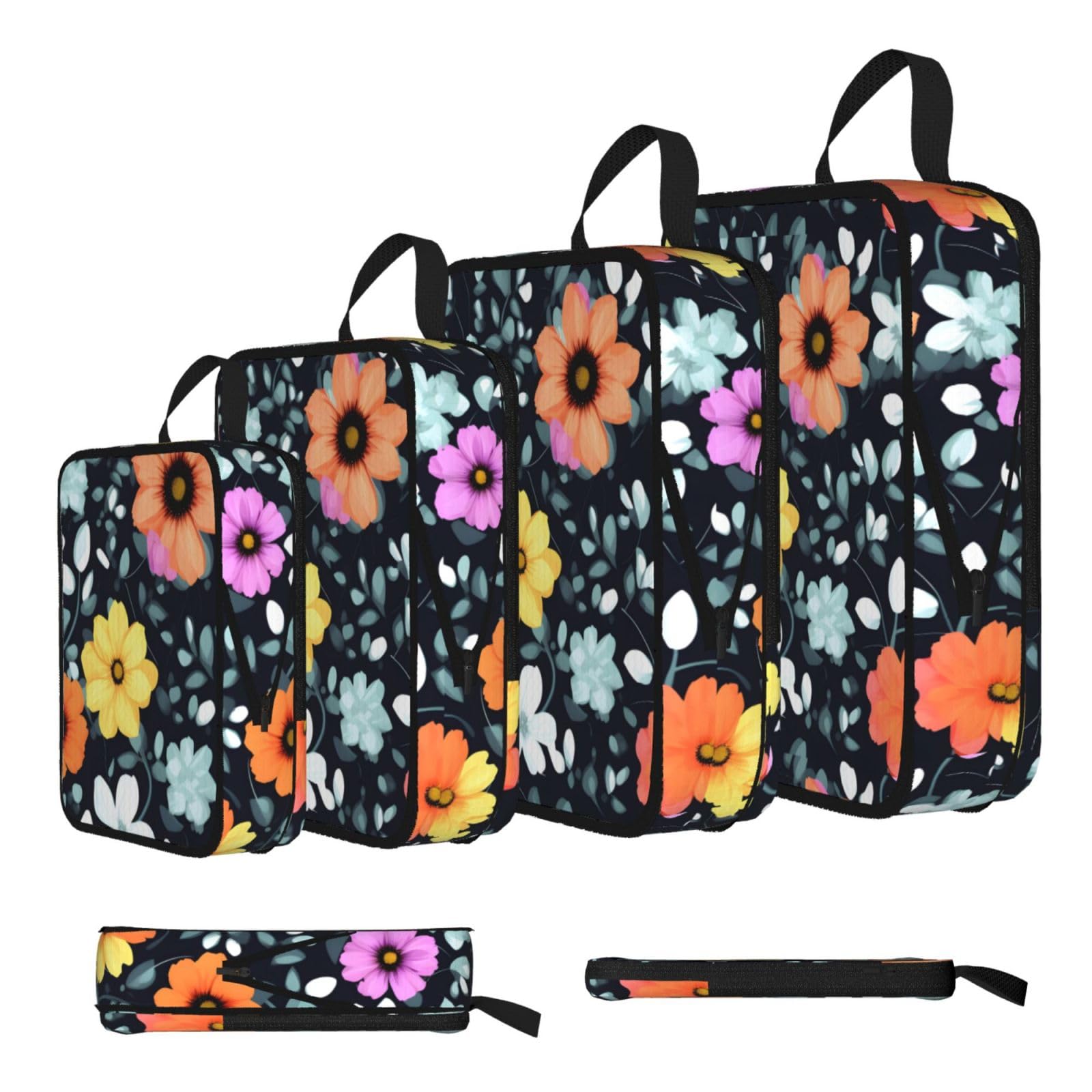 Sxzvvbn Black Beautiful Colourful Flowers Compression Packing Cubes 4 Piece Set