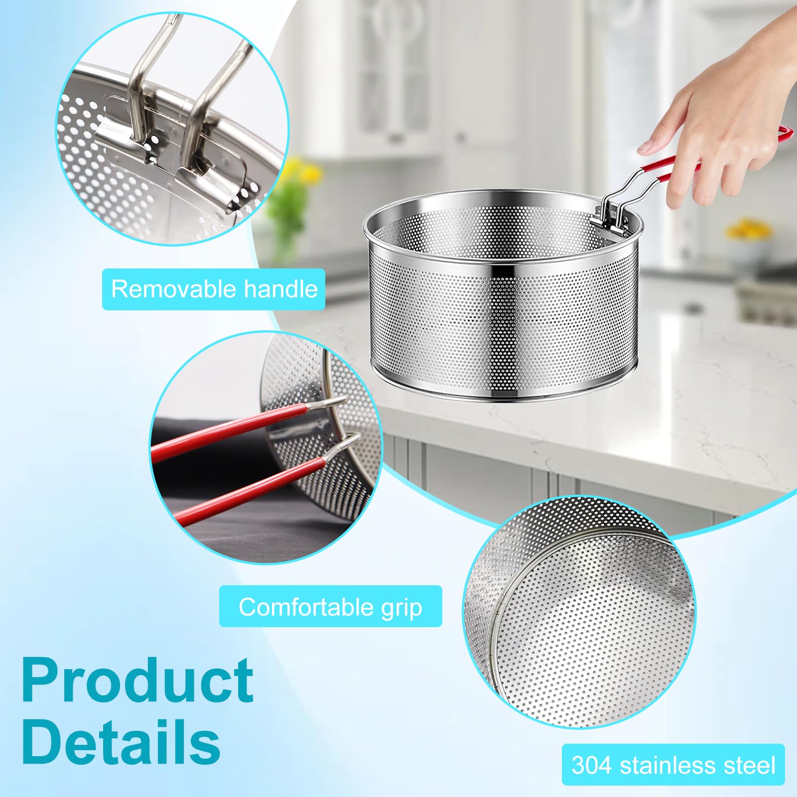 2 Pcs Cestini per Alimenti in Acciaio Inox con Manico Cestello per Friggitrice in Metallo Cesto Scolapasta da Cucina Cestini Divisori Pasta per Lavare Drenare Friggere Vapore(18cm, 20 cm)
