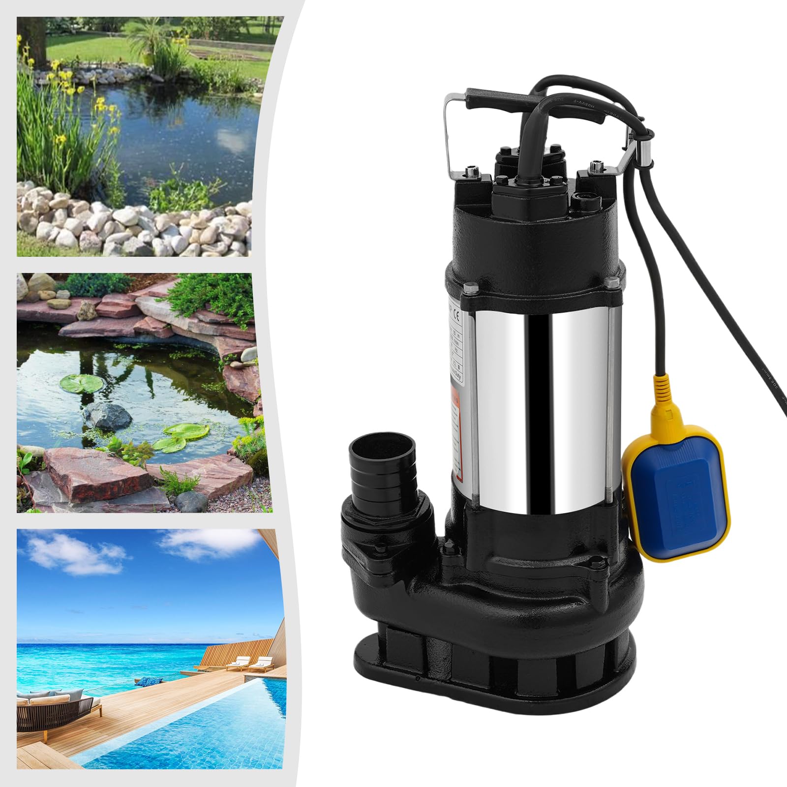 Bomba sumergible para aguas residuales, 550 W, acero inoxidable, con interruptor de flotador y mecanismo de corte, caudal de 18 m³/h, altura de extracción de 15 m, 2850 rpm, salida de 2 pulgadas, para