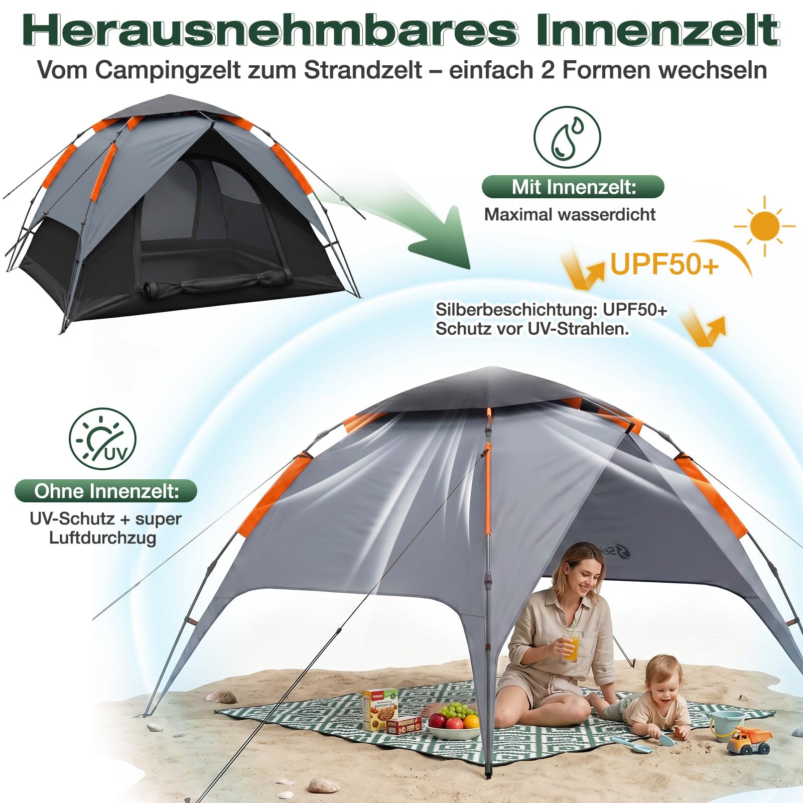 Sekey Tienda de campaña Pop Up para 2 personas, 2 en 1, tienda de campaña con interior o tienda de playa, sin tienda interior, montaje rápido, tienda automática impermeable PU3000 UPF50+,