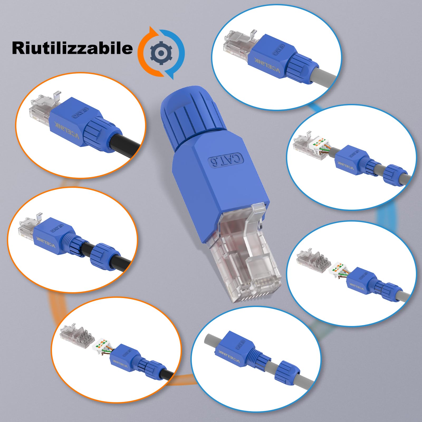 VCELINK Cat6 Connettori RJ45 Senza Attrezzi, 1000Mbps/250MHz, UTP Plug Ethernet Placcato Oro Riutilizzabili per Router, Switch, Modem, PC, Facili da Installare, Blu, 4 Pezzi