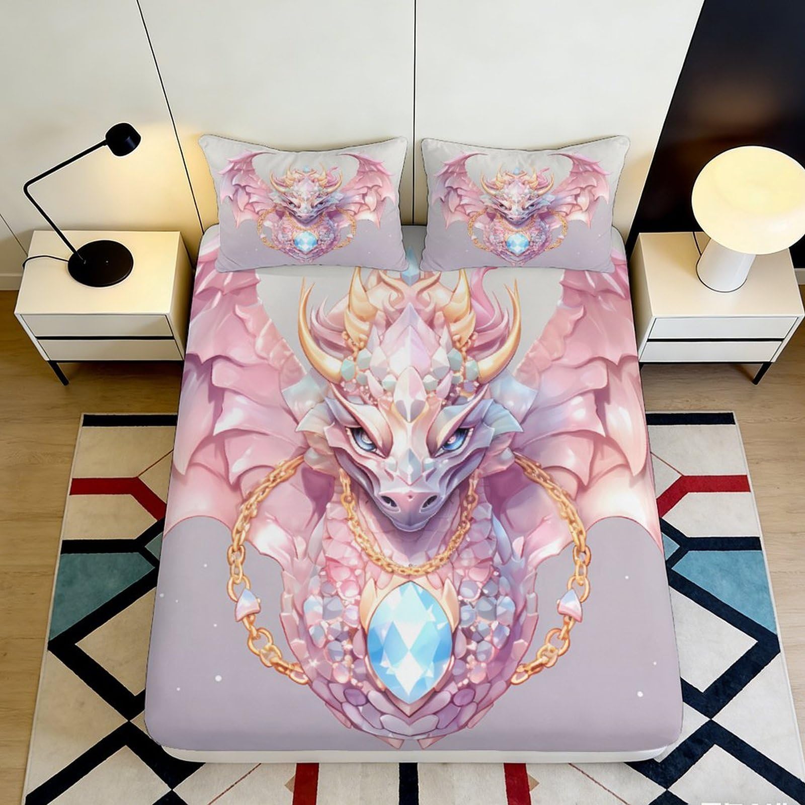 3D Printed Fantasy Dragon Fitted Sheet Microfiber Deep Pocket Non-Slip Full Wrap Bedroom Bedding Fantasy Dragon Mattress Fitted Cover Washable 90x200x25cm