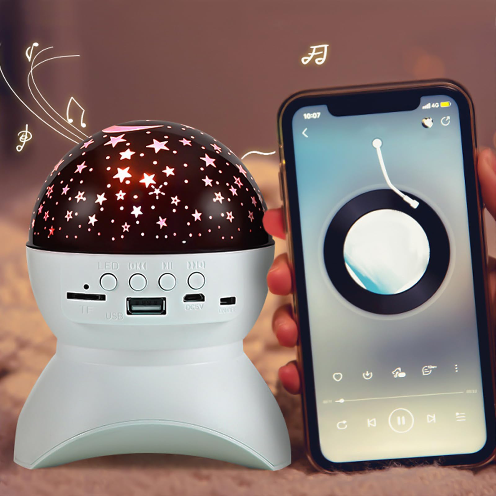 Głośnik Bluetooth, lampka nieba z projekcją LED z obracającą się gwiazdą, przenośne muzyczne światło otoczenia z USB, kartą TF, obsługą dysku U - idealna lampka nocna do sypialni dla rodziny, wystrój