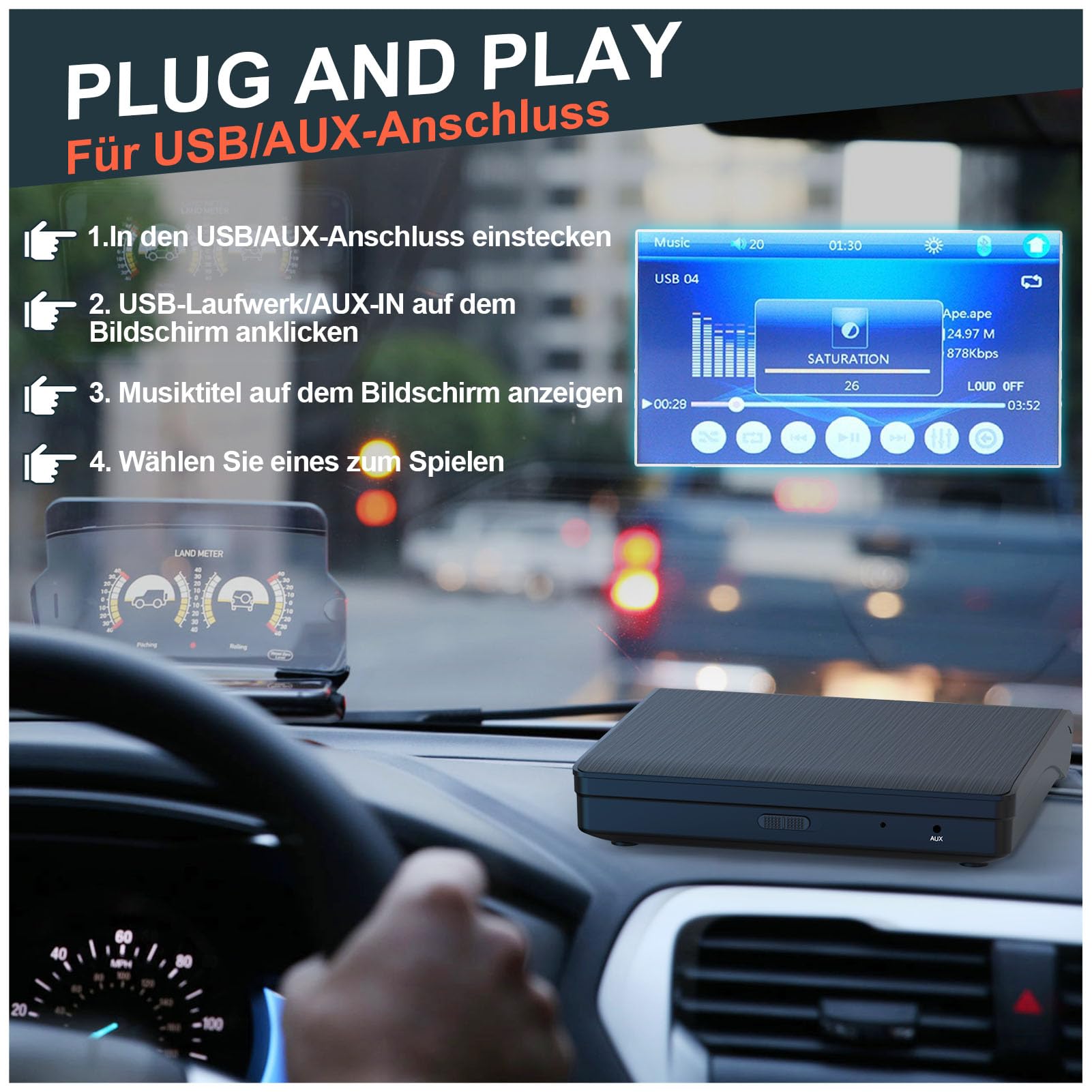 CD Player für Auto mit USB-Anschluss - Homlab Universal CD Laufwerk für Auto PKW LKW mit 1M USB-Verlängerungskabel, Externes CD Laufwerk für Laptop, PC, Fernseher, kompatibel mit Android Autoradio