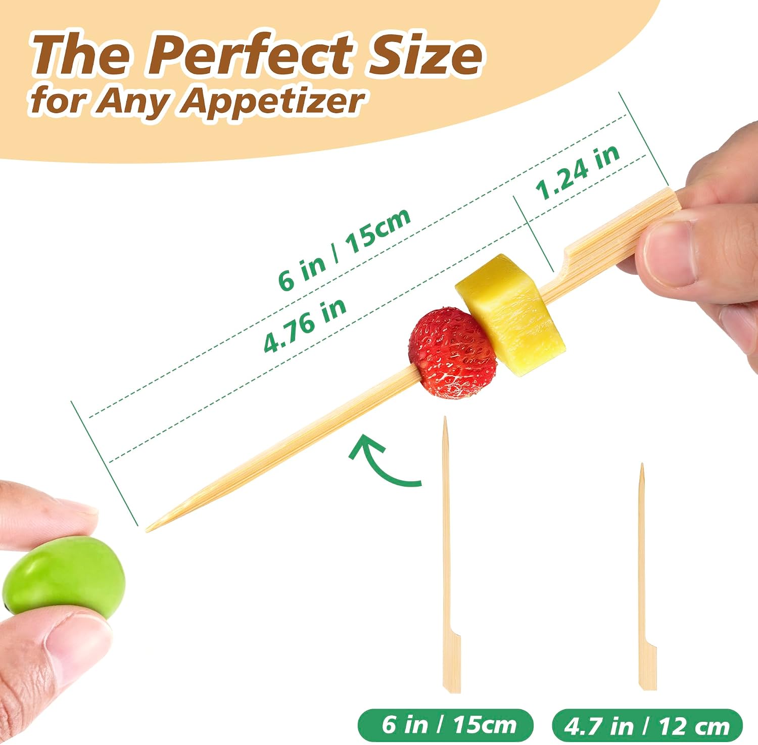 6 inch Bamboo Skewers for Appetizers, Fruit Kabob, Wooden Food Cocktail Picks, Charcuterie Wood Sticks for Grilling, Caprese, BBQ Snacks, Sandwich Toothpicks, with Flat Handle Anti-Roll - 200 pcs