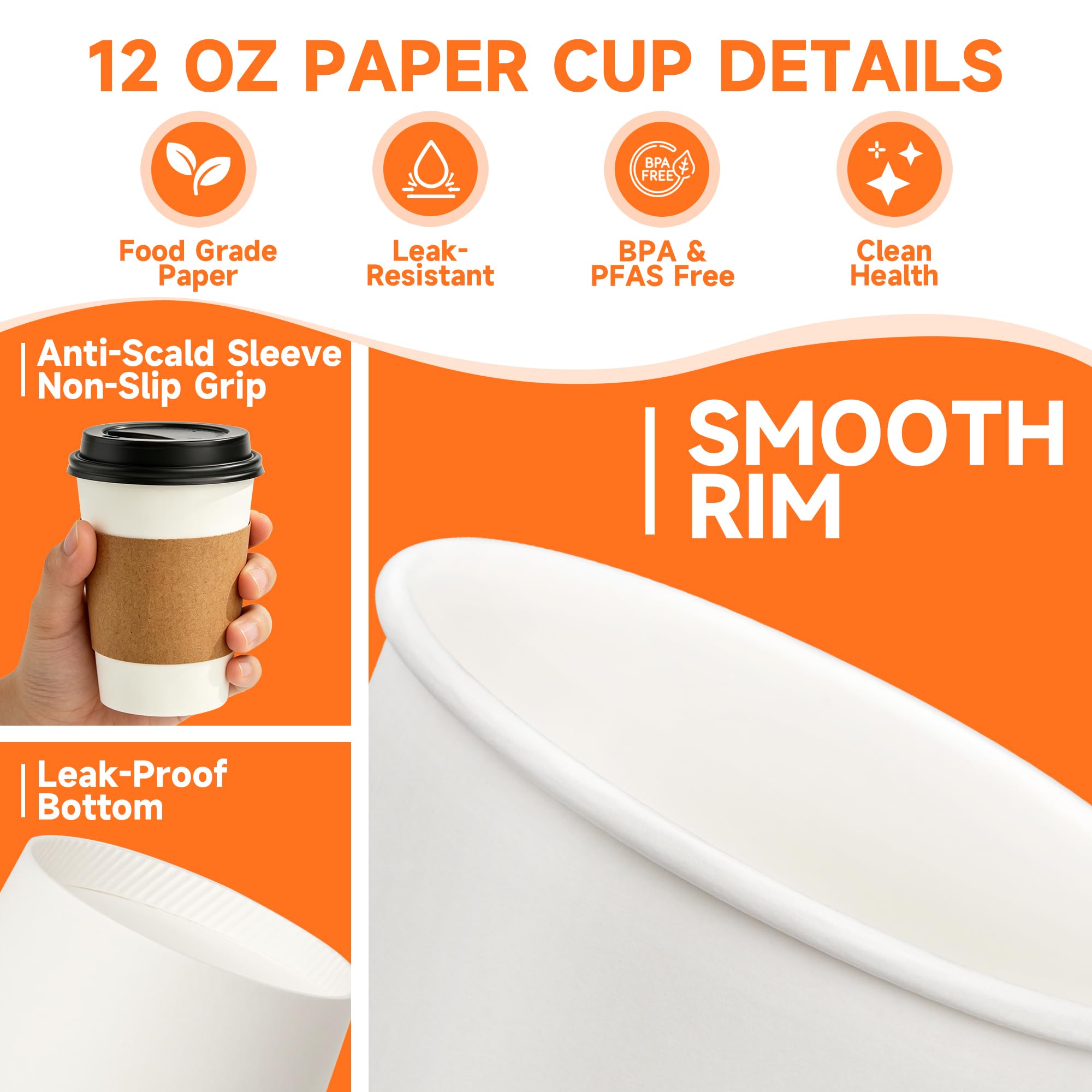 Disposable Coffee Cups with Lids - 100 Pack -3