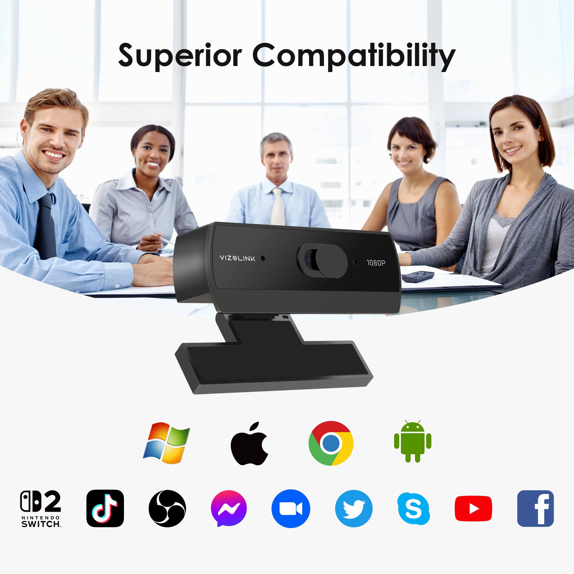 W2N kamera internetowa z podwójnym mikrofonem, redukcja szumów, 1080p / 30 kl./s, korekcja światła, ochrona danych, do Mac OS/Windows/Linux/Chrome/Switch 2, Meeting and Streaming