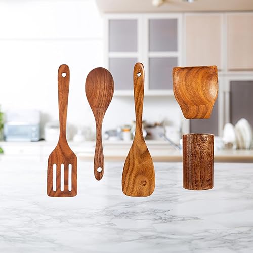 Miniatura 3 de Cuchara de madera para cocinar, 5 piezas de espátula de madera de teca premium, juego de utensilios de cocina, antiadherente y no tóxico, espátula