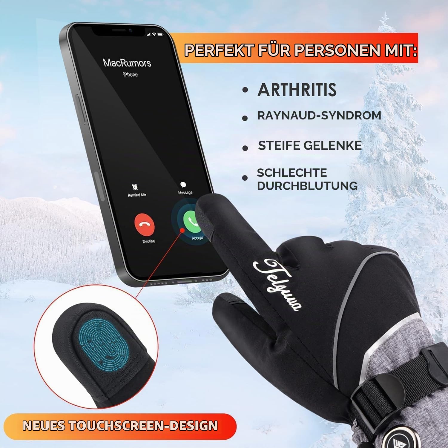 Telguua Beheizbare Handschuhe Wasserdicht mit 7.4V 5500mAh Akku für Herren Damen,3 Temperaturstufen/Verdickt Winddicht Touchscreen,USB-C Wiederaufladbar beheizte Handschuhe Motorrad Arbeiten im Freien