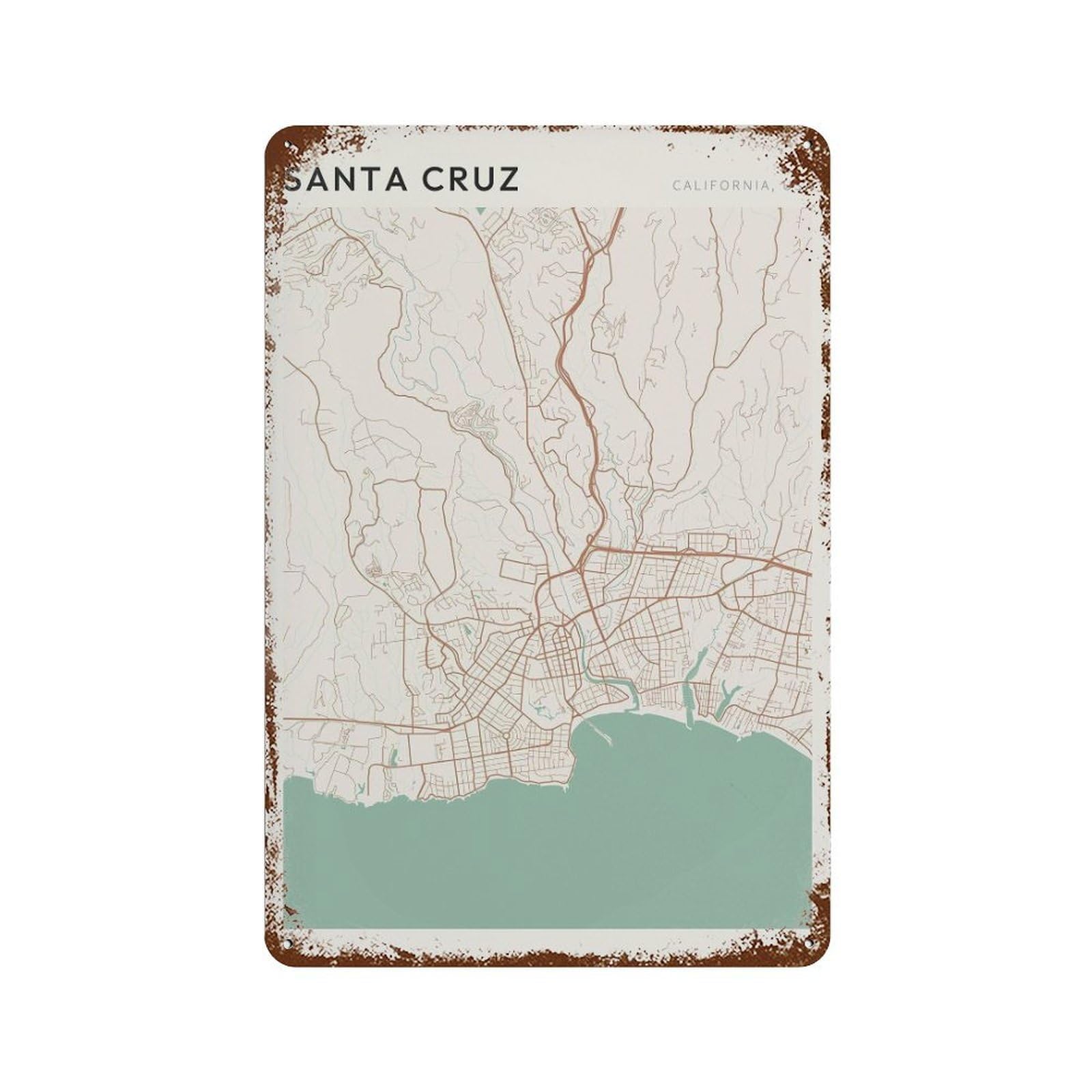 xiaoxiaoshen Santa Cruz Map California Travel Gift Minimalist Wall Decor Art Metal Tin Poster Modern Home Decor Art Home Bar Shop Decorations Vintage Sign 30x20cm