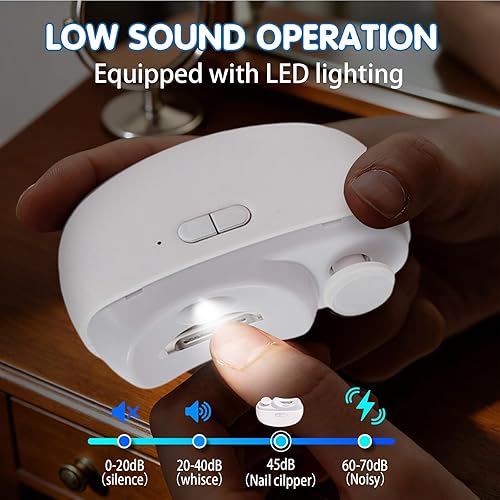 Vista 5 de Cortaúñas eléctrico 2 en 1, 2 velocidades, cortaúñas automático para dedos de manos y dedos de los pies con luz LED y almacenamiento de clips