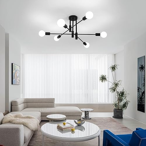 Vista 48 de DELIPOP Sputnik - Lámpara de techo Sputnik moderna de 4 luces negras y doradas, lámpara de techo E26 de metal industrial semiempotrada para Negro