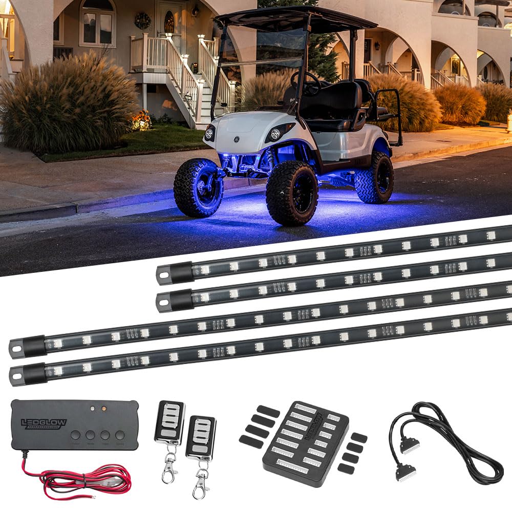 LEDGlow4pc Million Color LED 12V-72V Electric 4-Seater Golf Cart Underglow Underbody Neon Lighting Kit - Fits EZGO, Yamaha, Club Car, ICON, Evolution, Tomblerin, Star EV - Flexible Voltage Reducer