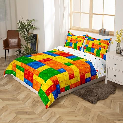 Miniatura 2 de Feelyou Juego de ropa de cama de bloques de construcción para niños, juego de funda de edredón geométrica rectangular, juego de funda de edredón