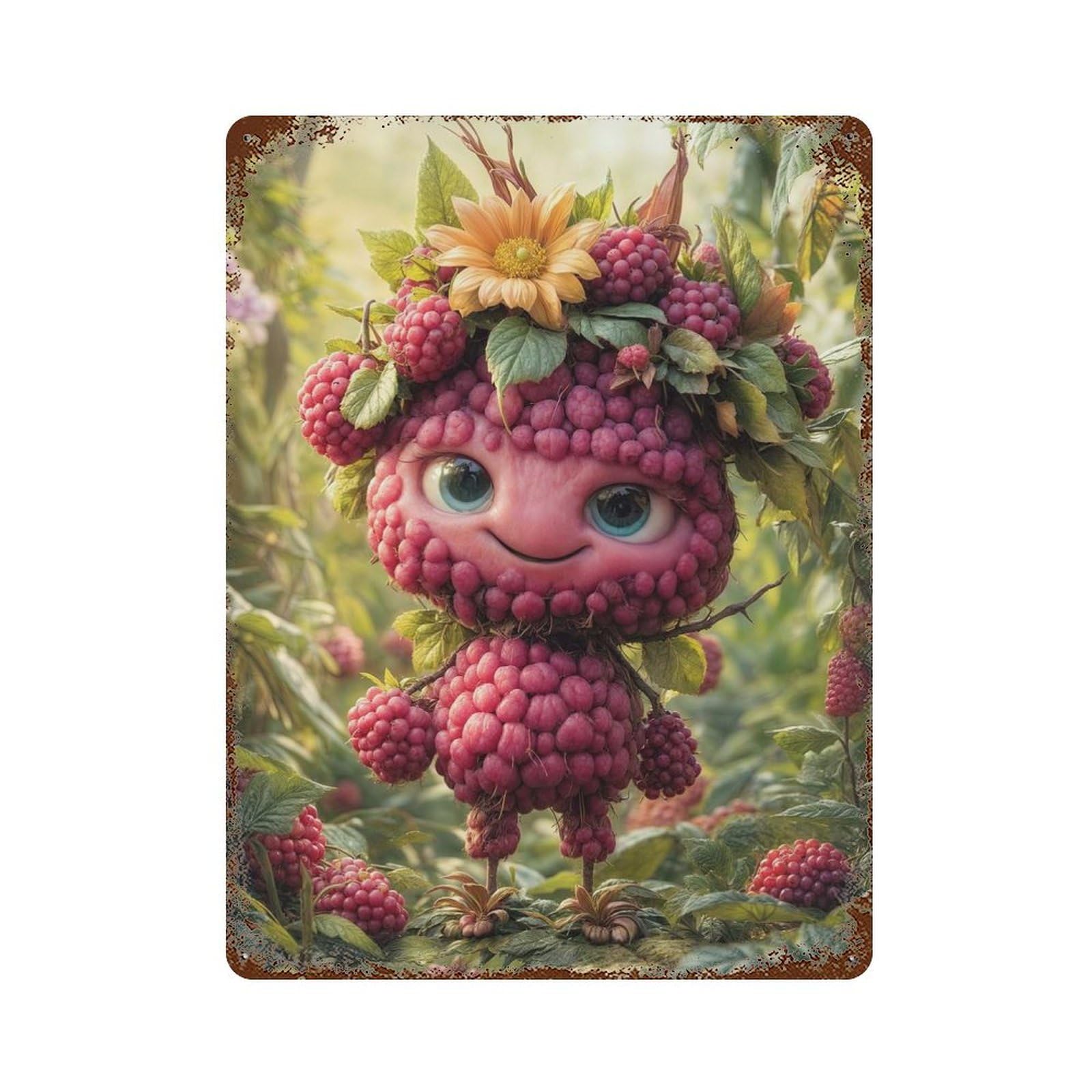 Funny Raspberry Creature Rust Effect Tin Sign 15.7"x11.8", Industrial Home Decor for Basement, Hobby Room And Garage Decor