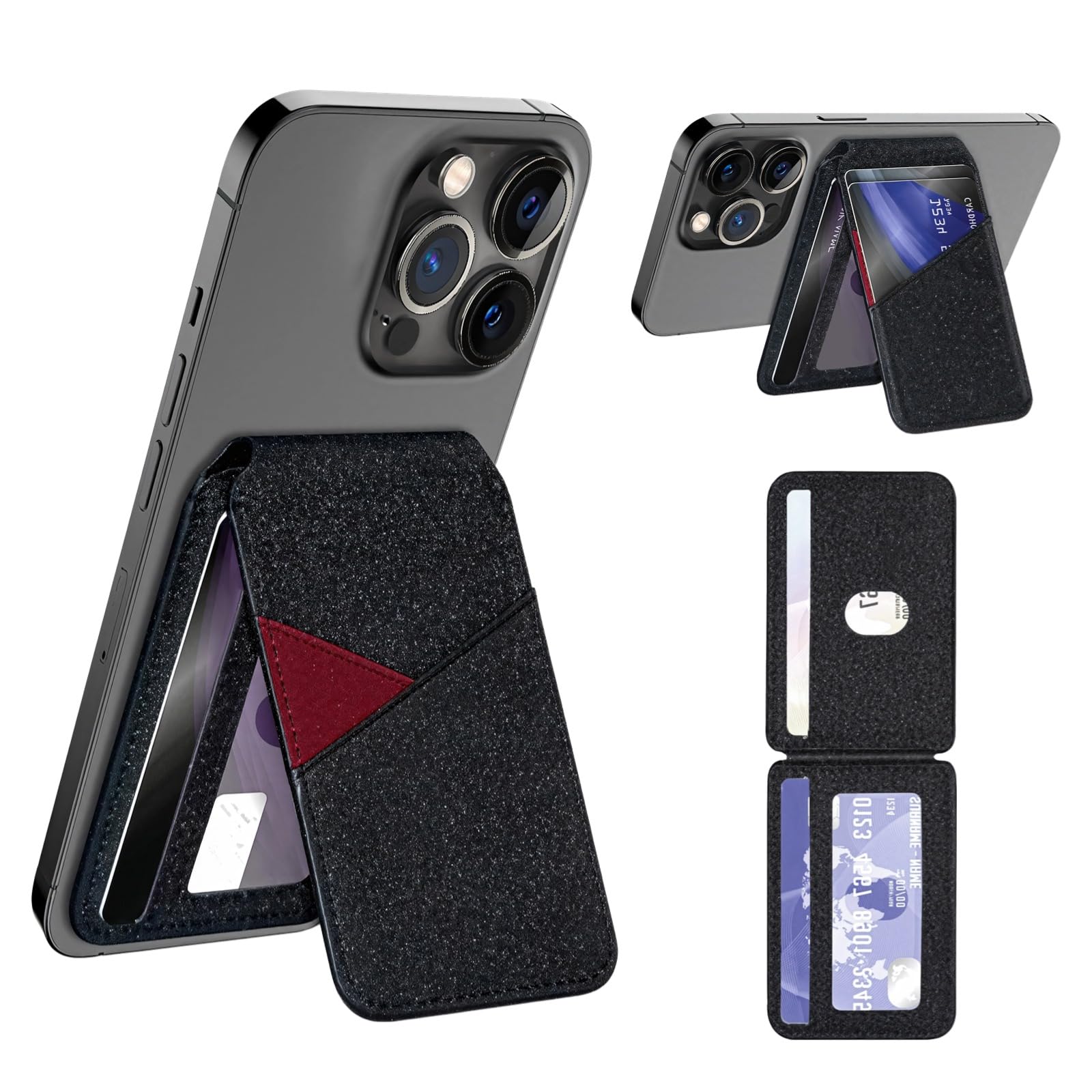 Magnetischer Kartenhalter fürs Handy, kompatibel mit MagSafe Wallet für iPhone 14 15 16, multifunktionaler Verstellbarer Ständer, PU Leder, Schwarz