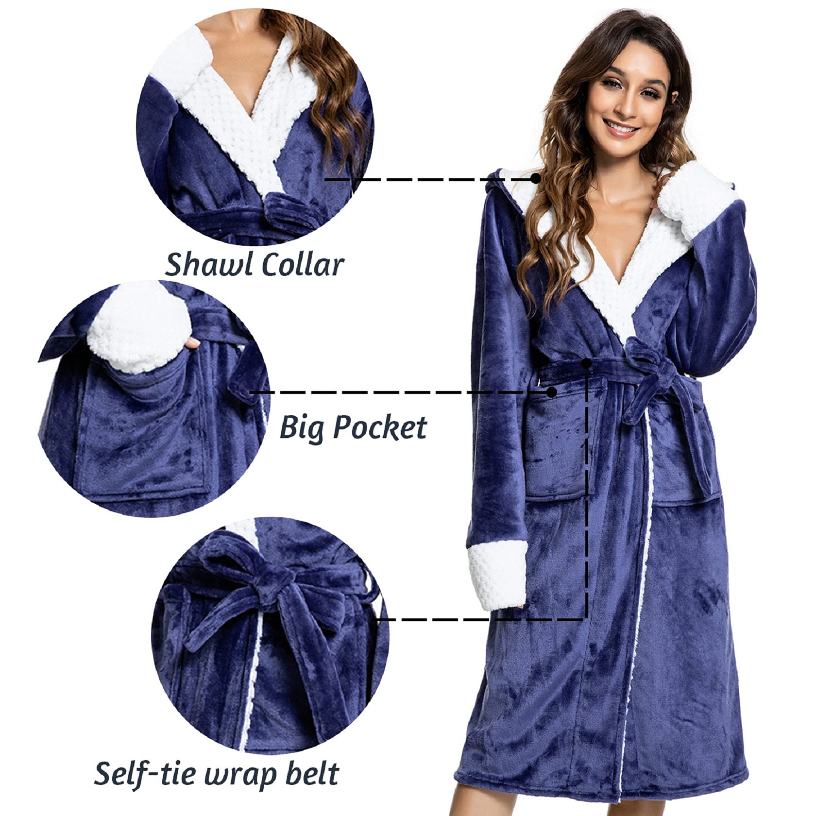 Tuopuda Accappatoio Donna con Cappuccio 2 Tasche Pigiama Kimono Vestaglia Camicia da Notte con Cintura Scollo a V Camice da Notte Nightdress per Sposa al Nubilato/Matrimoni/Feste