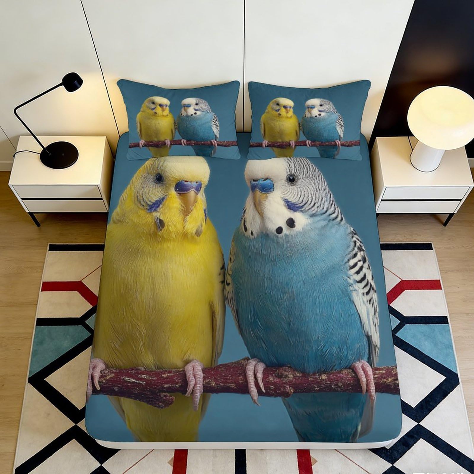 3D Printed Yellow Blue Budgie Fitted Sheet Microfiber Soft Anti-Slip Parrot Mattress Cover for Bedroom Dorm Decor 90x200x25cm