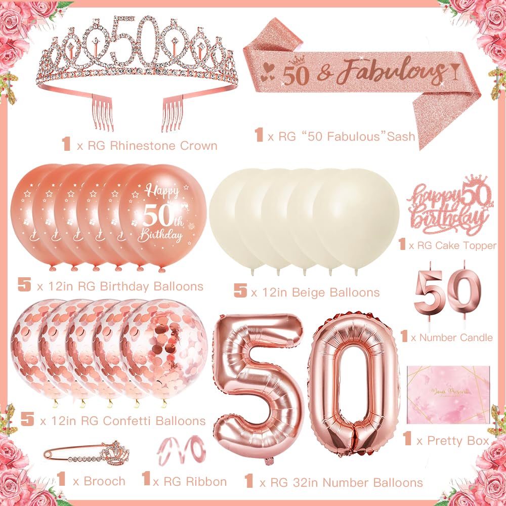 50 Anni Decorazioni Compleanno Donna, 50° Fusciacca e Diadema Oro Rosa Compleanno, Happy Birthday Cake Topper, Candele di Compleanno Numero e Palloncini, Regalo Donna 50 Anni