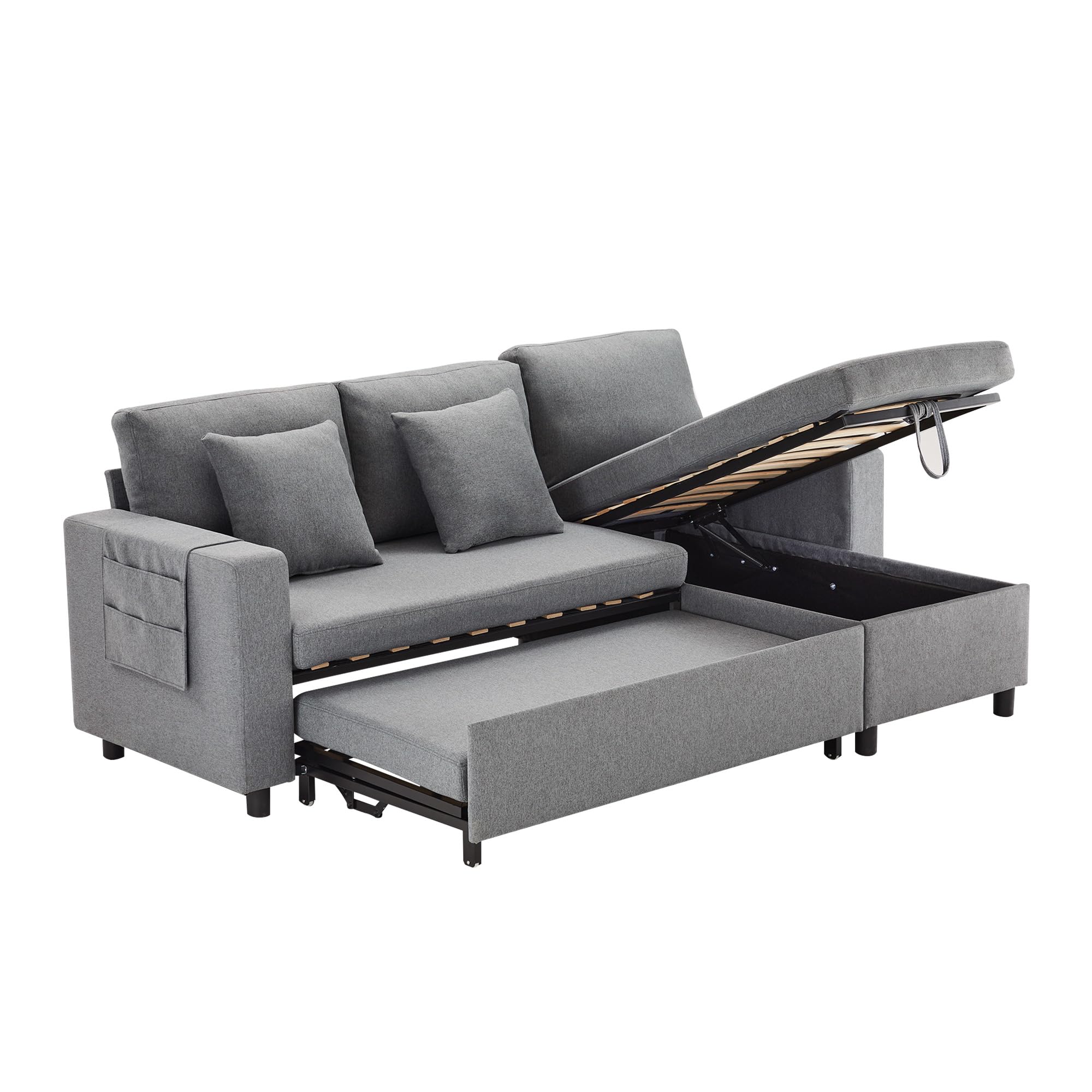Schlafsofa mit Schlaffunktion, L-förmiges, Sofa-Chaiselongue mit Stauraum, mit Taschenaufbewahrung, Links und Rechts Austauschbare Chaiselongue, Dunkelgrau