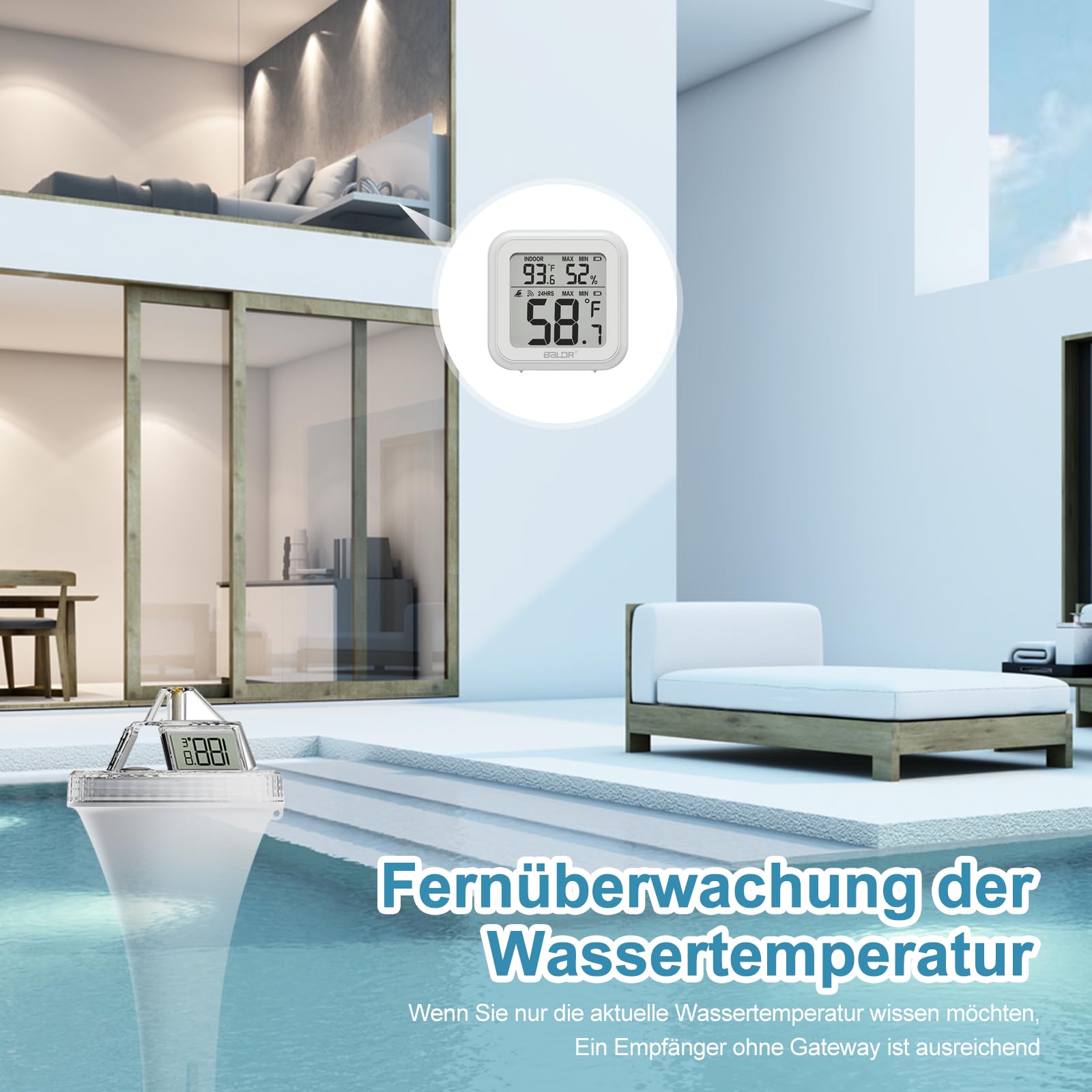 Wlan Pool Termometro galleggiante, app per piscina, termometro digitale per acqua, con sensore esterno, per laghetto, piscina interna ed esterna