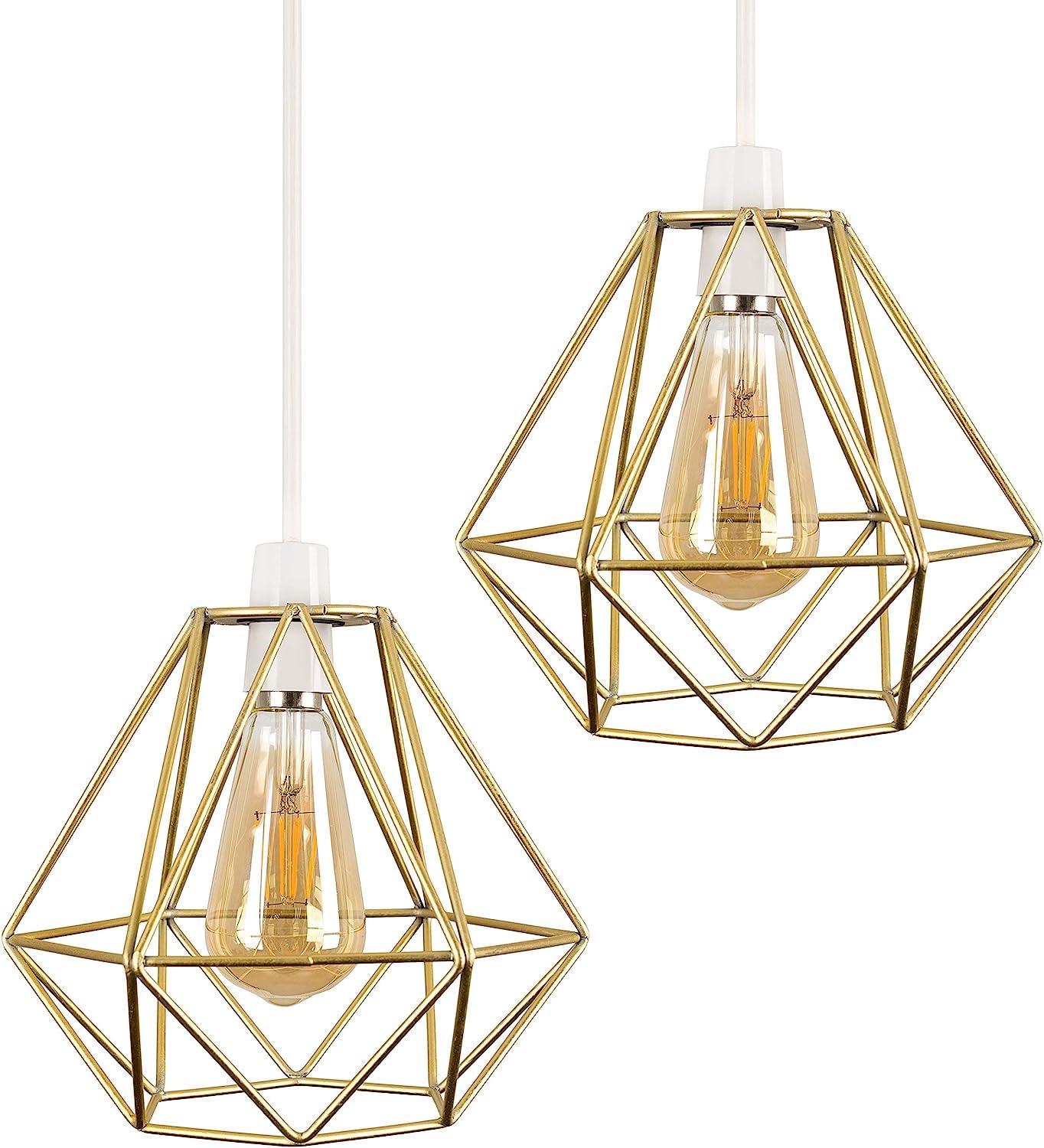 DC Voltage 2 Pack of Retro Style Metal Basket Bird Cage Geometric Ceiling Pendant Light Shades, Open Wire Frame Vintage Bulb Guards for Kitchen, Living Room, Free Reducer Ring (T1-Gold) (WCCL) — image 1