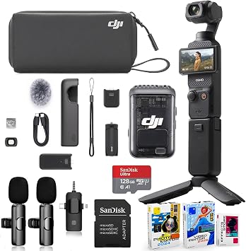 DJI Osmo Pocket 3 Creator Combo Bundle with Clip-On Transmitter/Recorder, Wide Angle Lens, Tripod, Carrying Bag + Wireless Microphone System, 128GB Micro SD Card, Photo/Video Editor Software Package