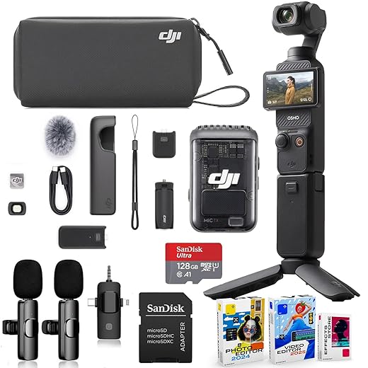 DJI Osmo Pocket 3 Creator Combo Bundle with Clip-On Transmitter/Recorder, Wide Angle Lens, Tripod, Carrying Bag + Wireless Microphone System, 128GB Micro SD Card, Photo/Video Editor Software Package