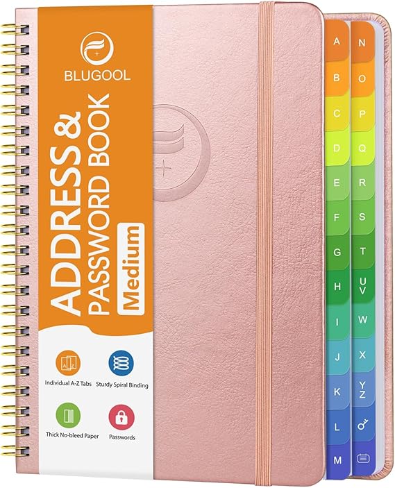 Address Book with Alphabetical Tabs-Address and Password Book for Seniors - Hardcover Spiral Bound Phone Book- Record Contacts, Website Login Passwords, Special Days -5.7 x 7.7, Rose Gold