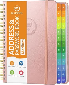 Address Book with Alphabetical Tabs-Address and Password Book for Seniors - Hardcover Spiral Bound Phone Book- Record Contacts, Website Login Passwords, Special Days -5.7" x 7.7", Rose Gold