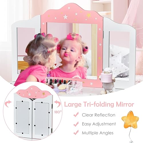Miniatura 5 de HONEY JOY Vanity - Tocador de madera de princesa de maquillaje con taburete y cajón, espejo de tres pliegues, parte superior desmontable, juego de
