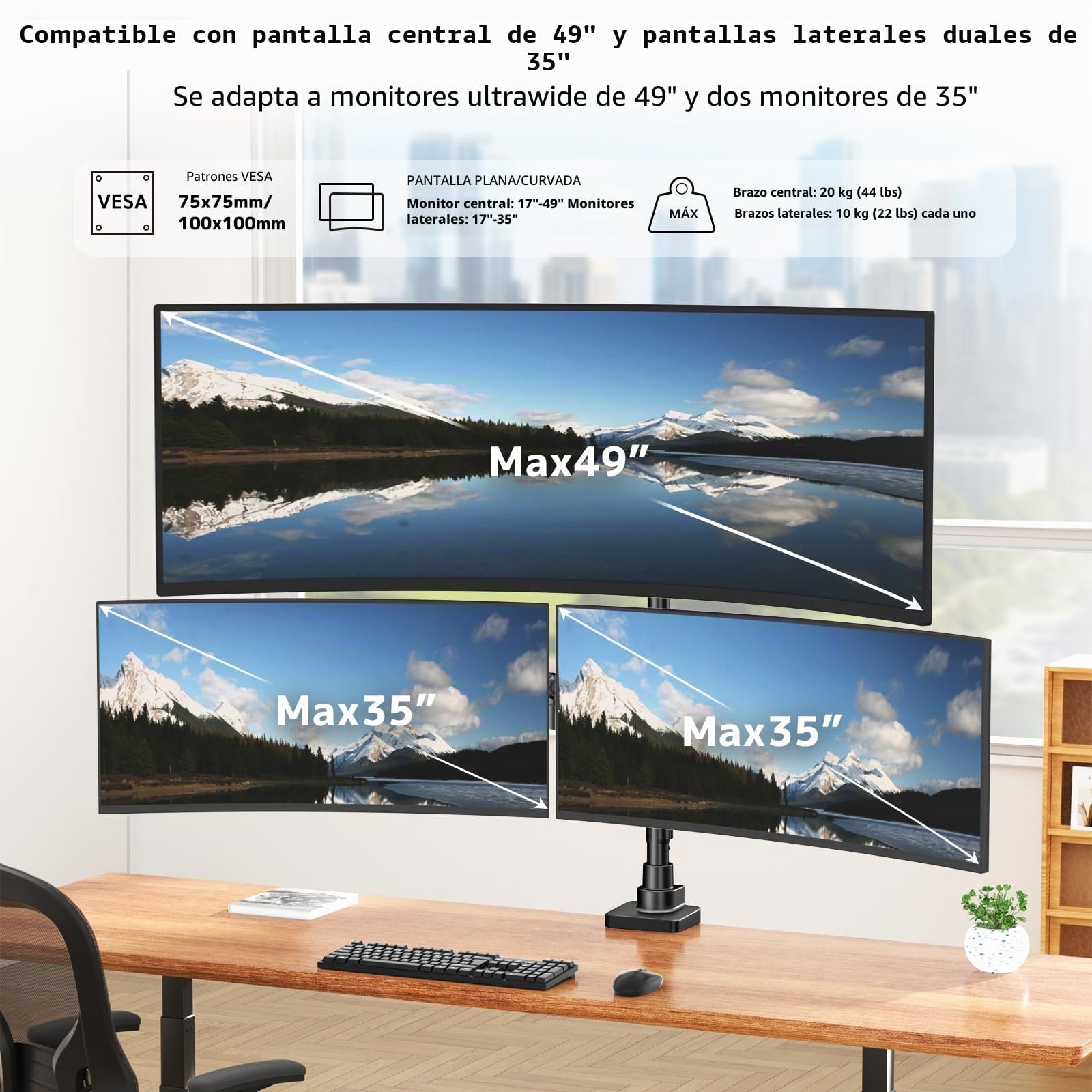 Soporte 3 Monitores-1 Fijo 49" y 2 Gas Spring 35",Columna de 80 cm Brazo Monitor Totalmente Ajustable,Capacidad de Carga máxima 20 kg