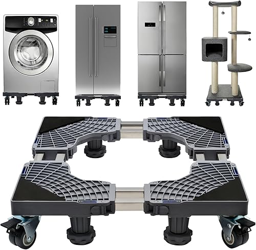 Base móvil de soporte para refrigerador actualizado con tubos dobles, 4 ruedas de bloqueo, 4 pies fuertes, plataforma de muebles ajustable para